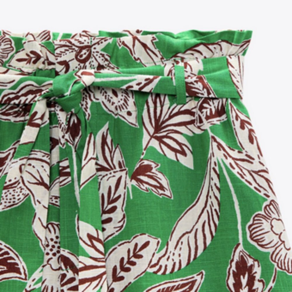 Zara Green Floral Linen tie waist shorts - NWT
